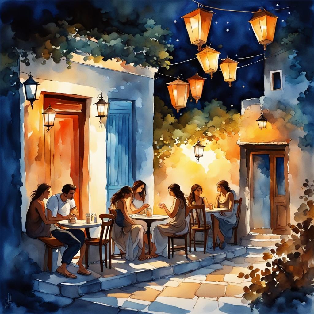 Greek Village Square at Night in Watercolor Style