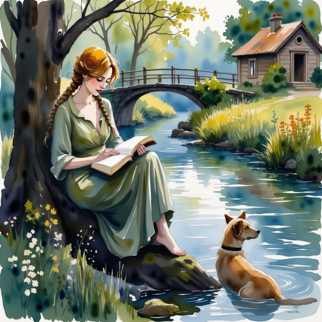 Woman Reading by River in Dreamy Impressionist Style