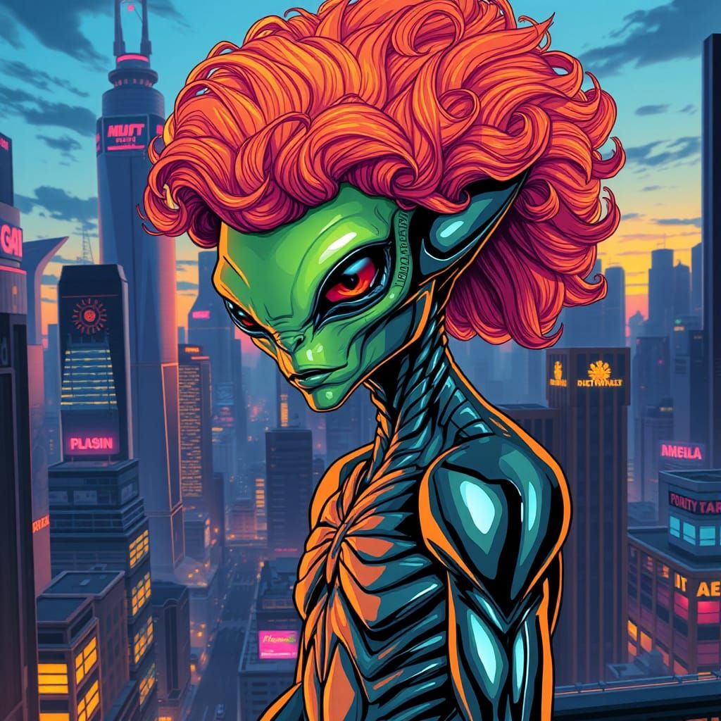 Alien with Wig in Futuristic Cityscape