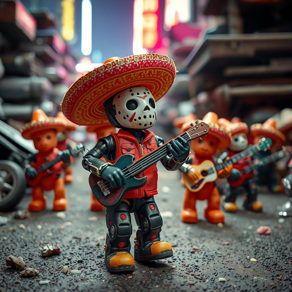 Robotic Gummy Bear Parade in Neon Junkyard