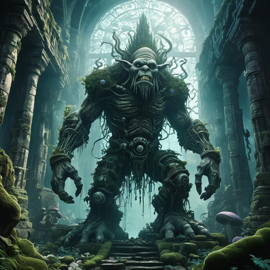 Grotesque Troll Giant in Ancient City Ruins