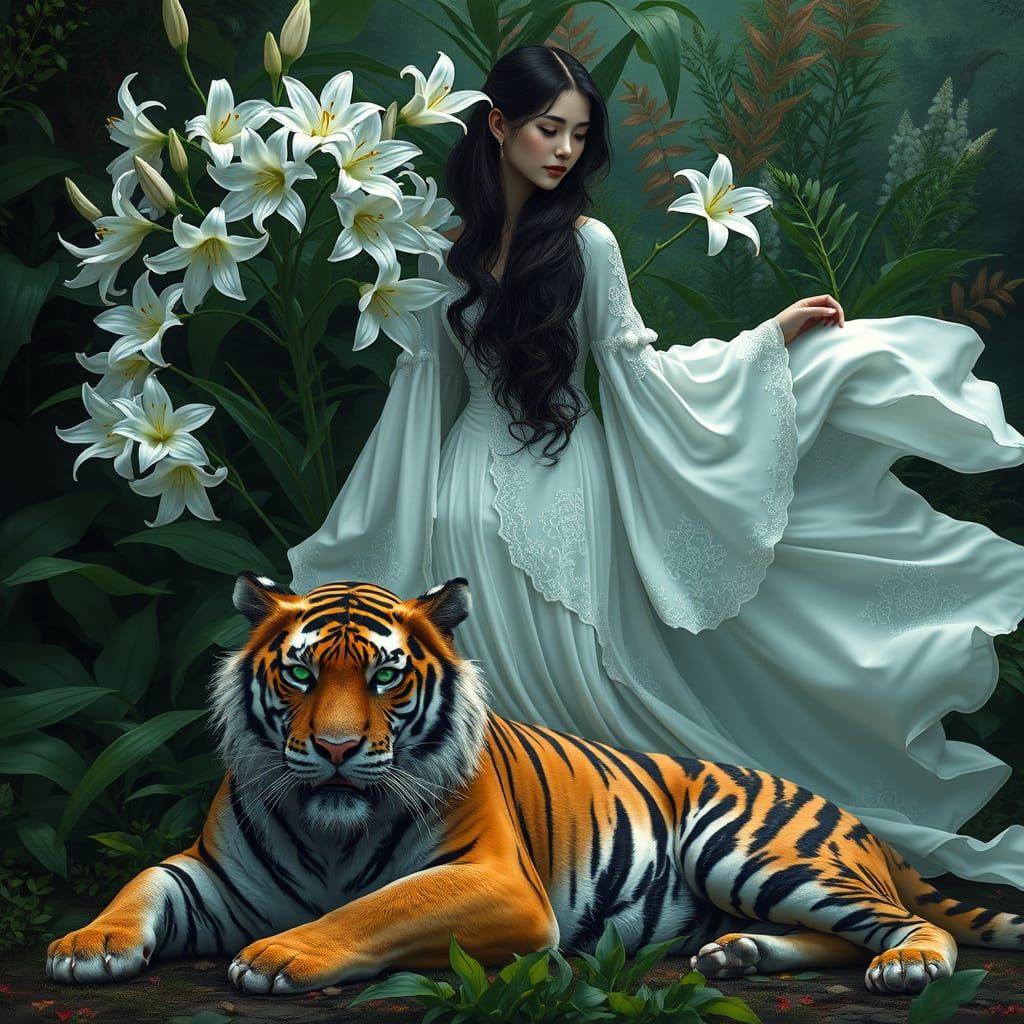Dark Fantasy Goddess Amidst Vibrant Lush Foliage