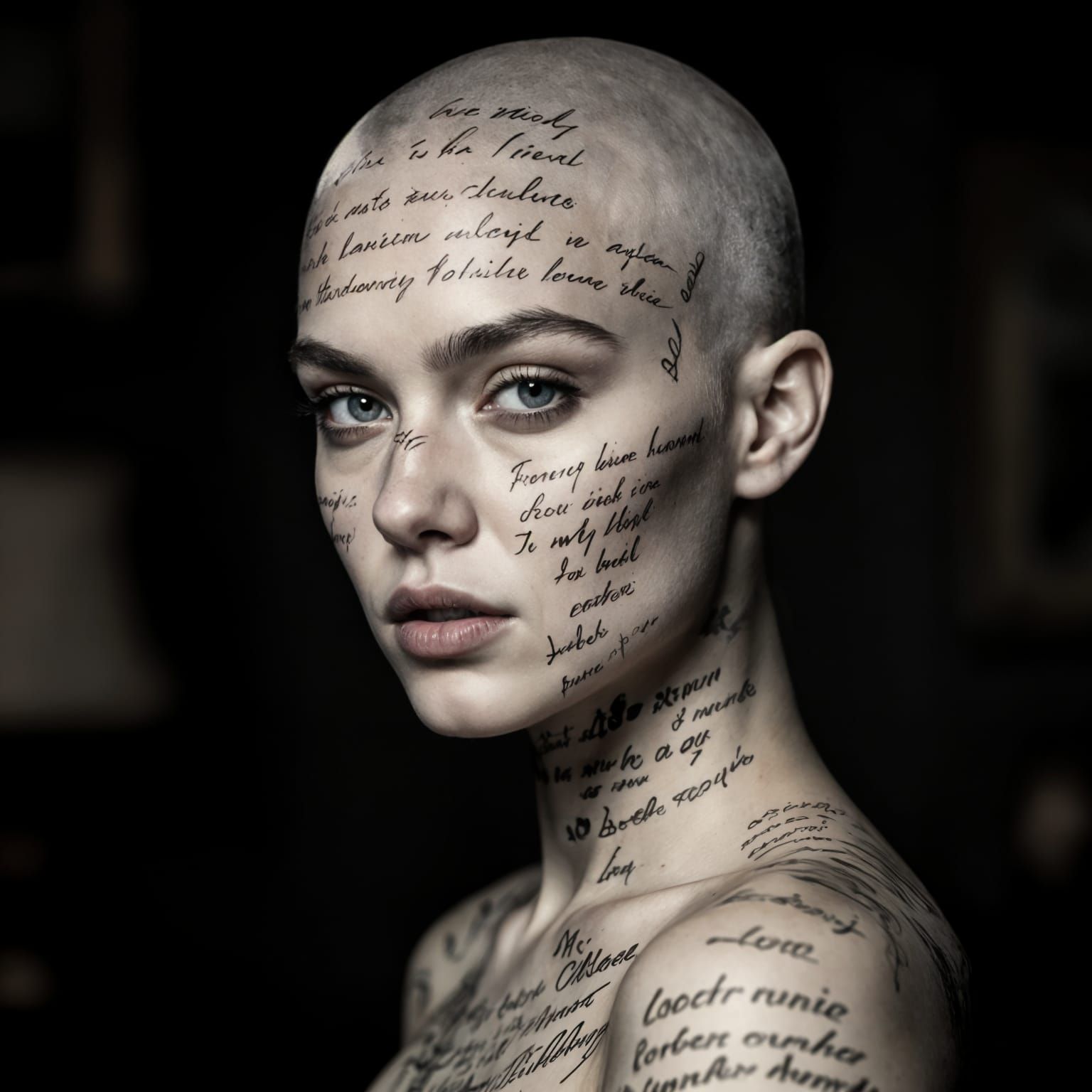 Moody Portrait of Bald Woman with Elegant Handwriting Face T...