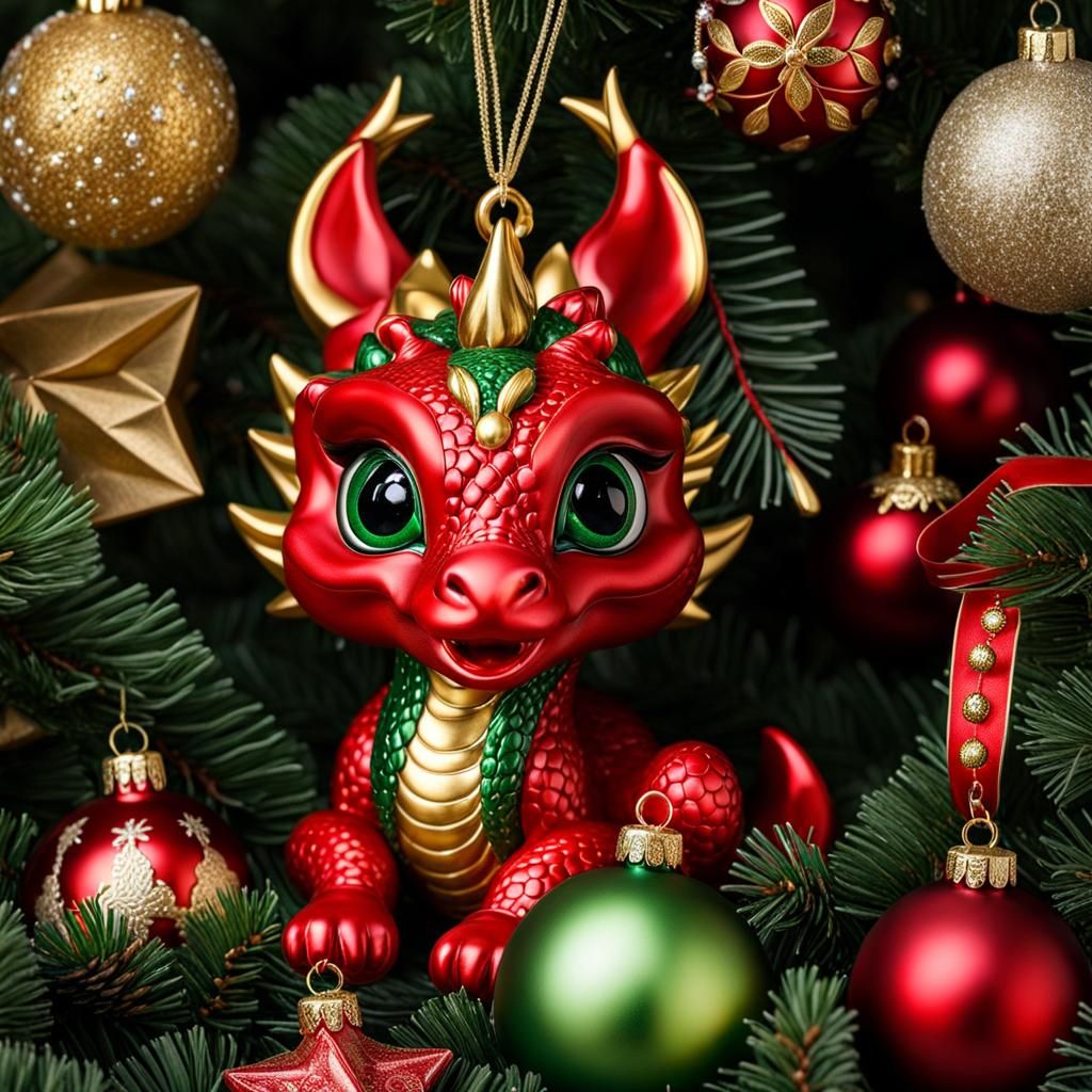 Baby Dragon with Christmas Ornaments, Hyperrealistic Art