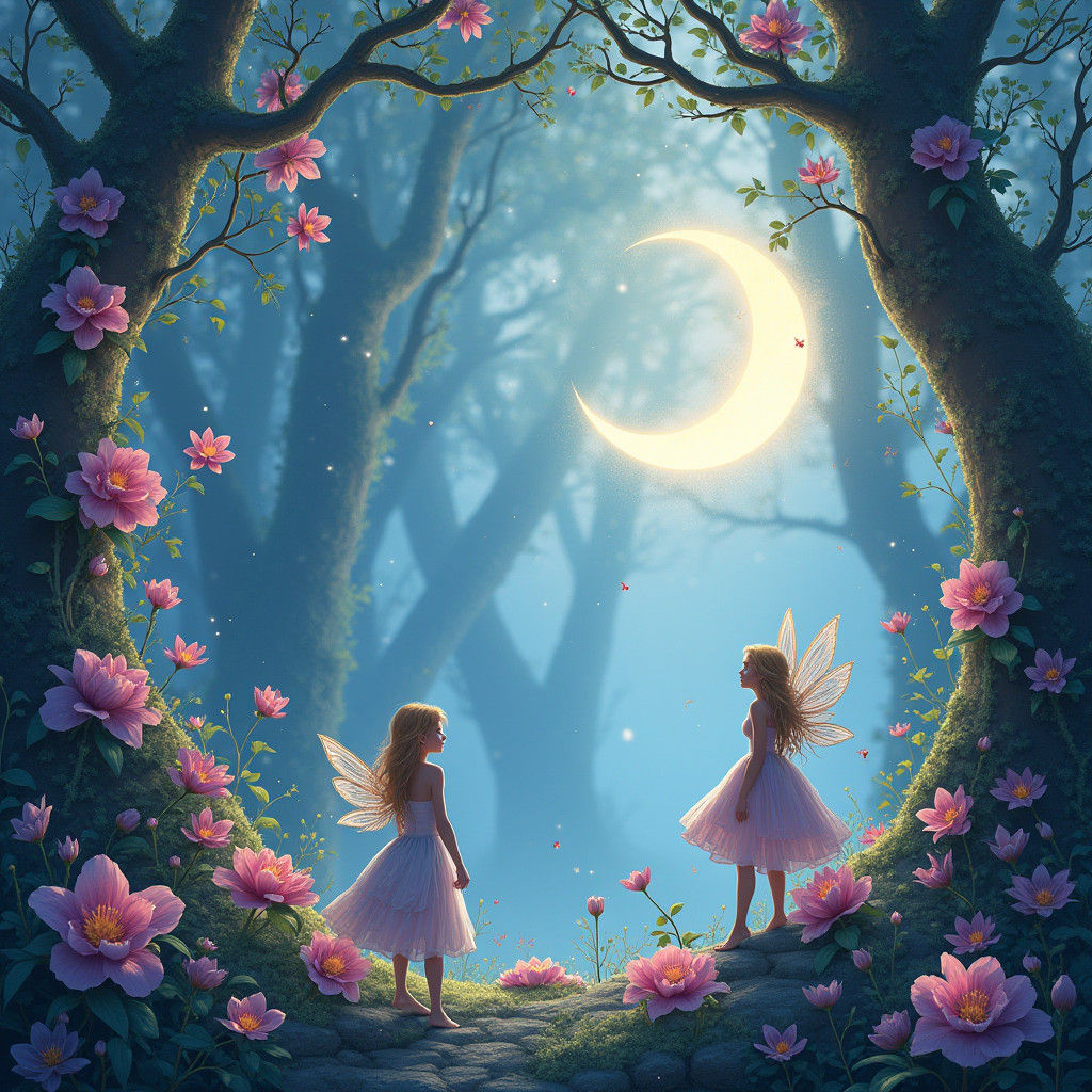 Celestial Fantasy: Forest Fairies in Ethereal Line Art