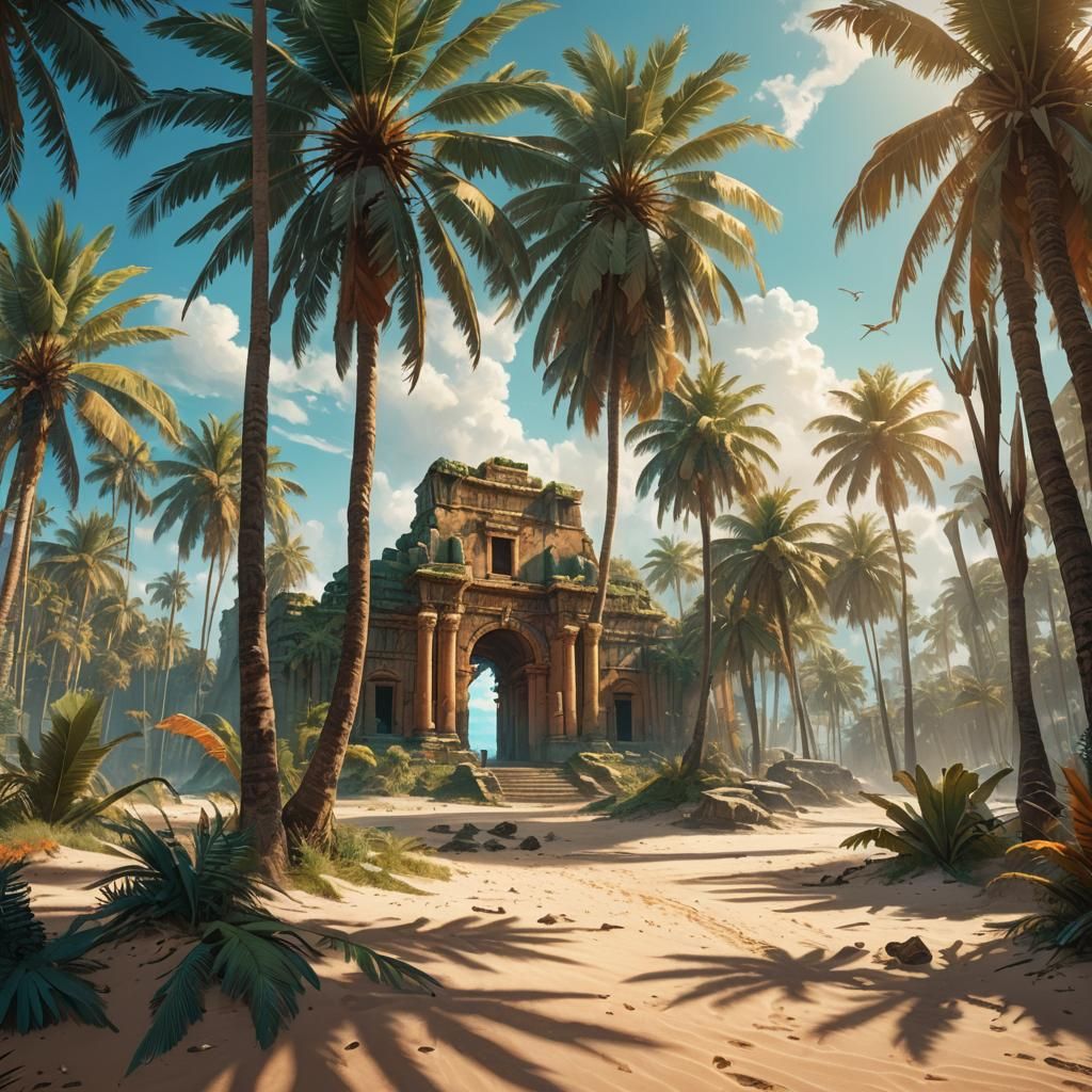 Sunlit Beach with Ancient Ruins: Matte Painting