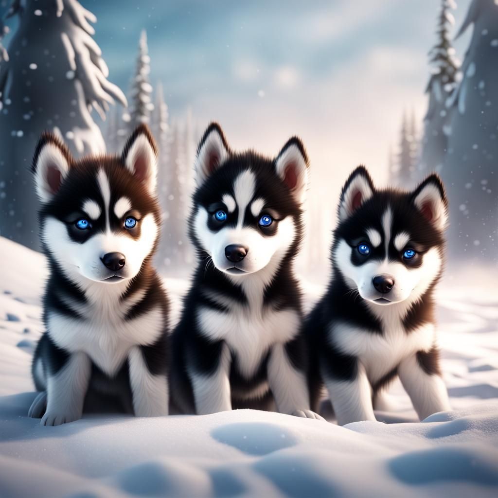 Cute Husky Puppies Frolic in Winter Snow