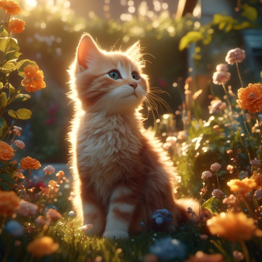 Cute Kitten in Sunlight: Whimsical Fantasy Art