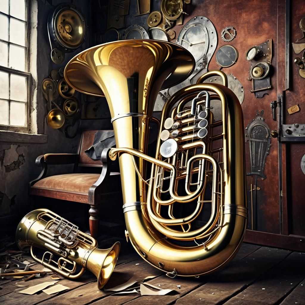 Tuba Contrasted with Steampunk Musical Relics