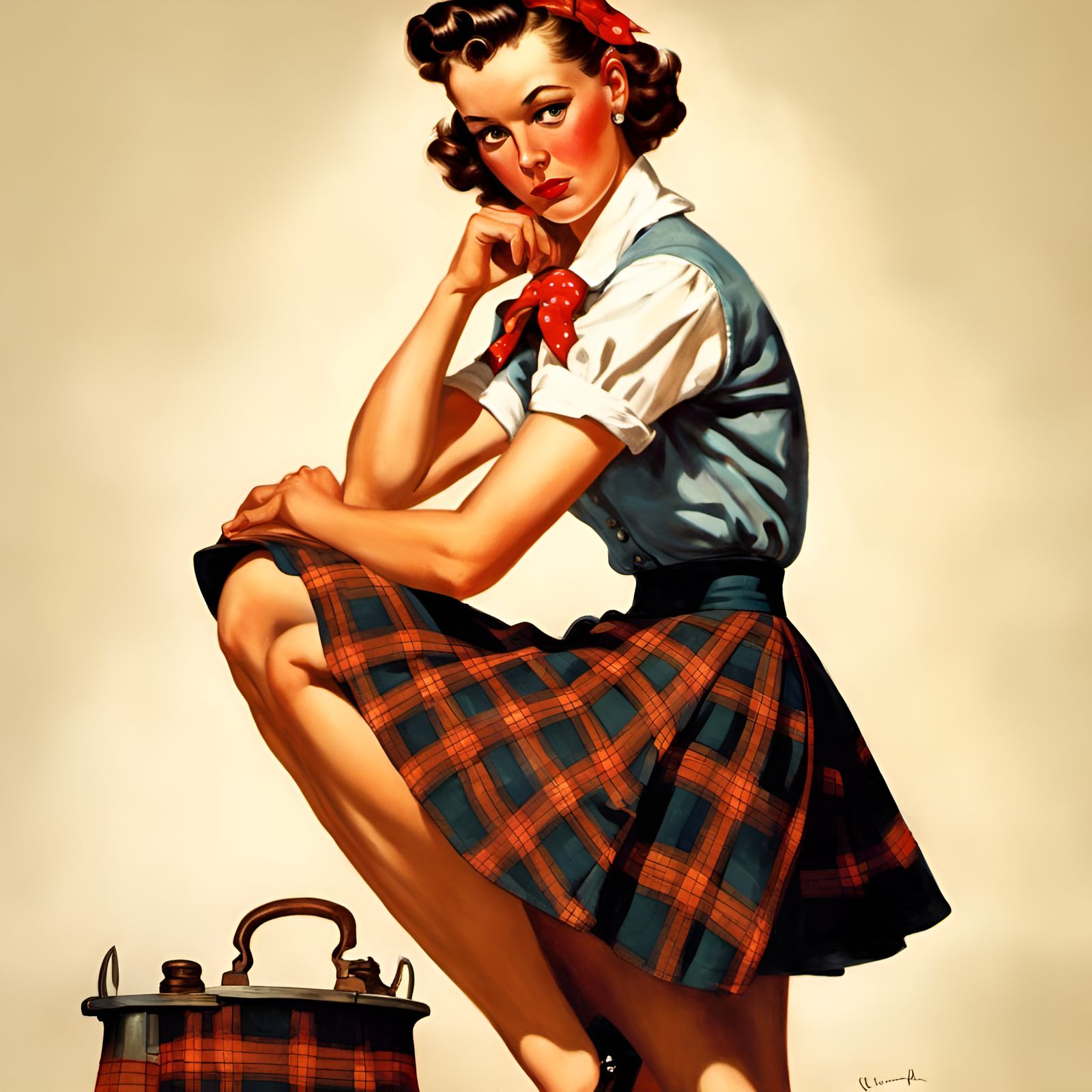 Sad Woman in Plaid Skirt, Classic Pin-Up Art