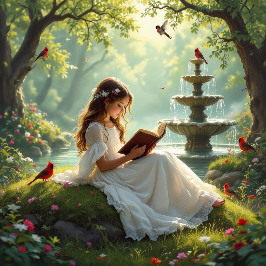 Enchanted Forest Scene with Girl Reading in Ethereal Style