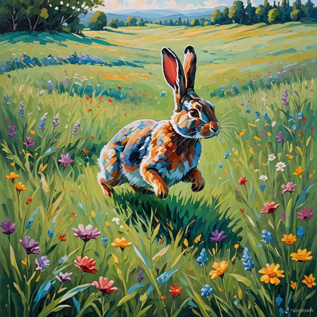 Rabbit Hopping in Meadow: Expressionist Oil Painting