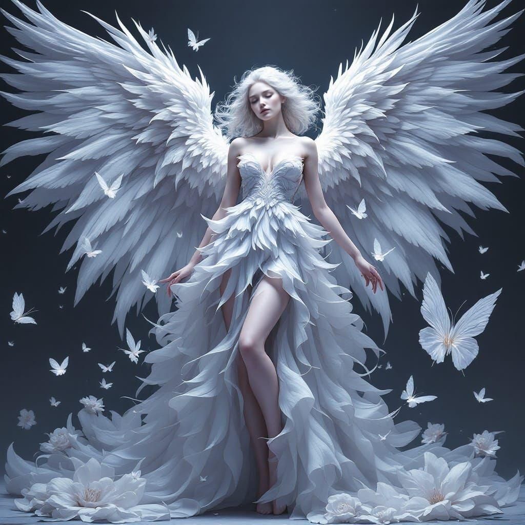 Majestic Angelic Being in Ethereal Gown amidst Fantastical B...