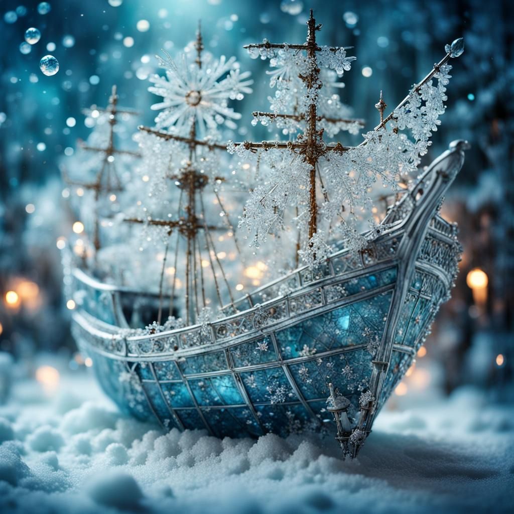 Crystal Ship Sails Through Snowy Dreamscape