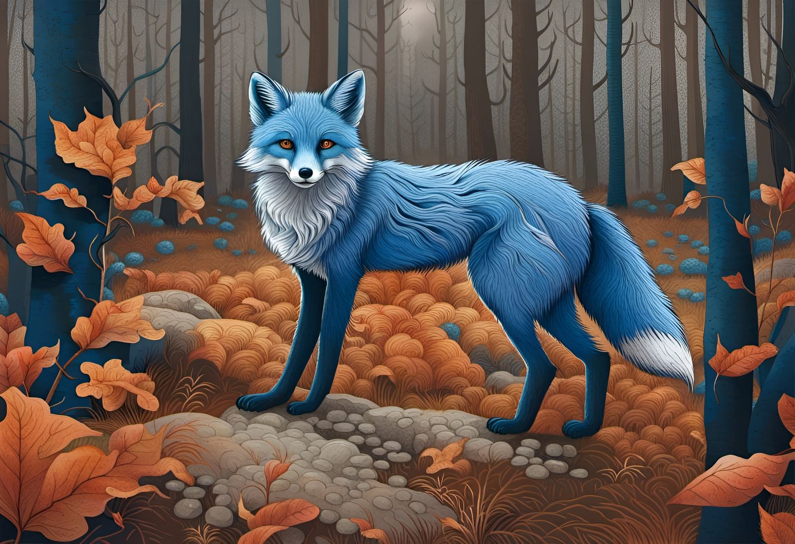 Blue Fox in Forest: Intricate Academic Art