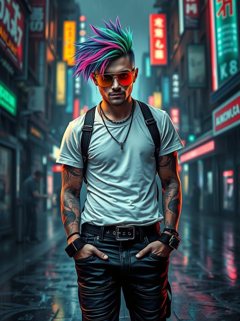 Cyberpunk Rebel Challenges the City in Neon Realism