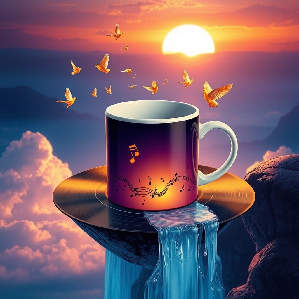 Surrealist Sunrise Music Scene on a Melting Vinyl Record