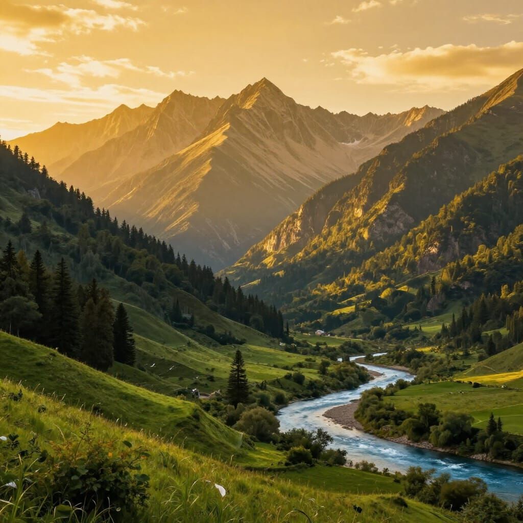 Majestic Mountain Landscape Under Golden Sky