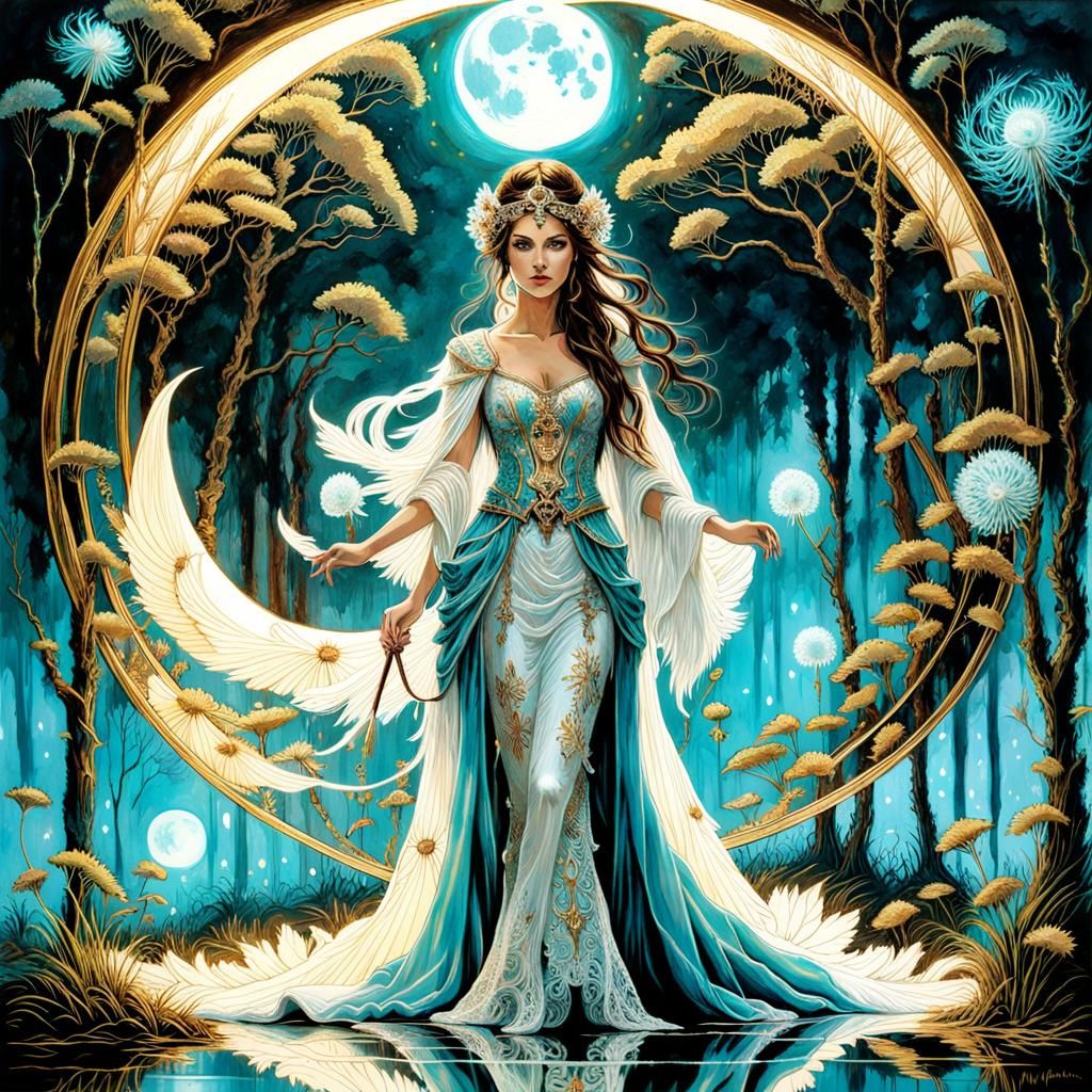 Bioluminescent Moon Goddess in Mirrored Reflection