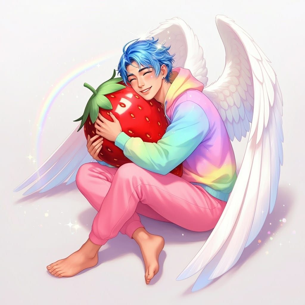 Cal cuddling a strawberry plushie