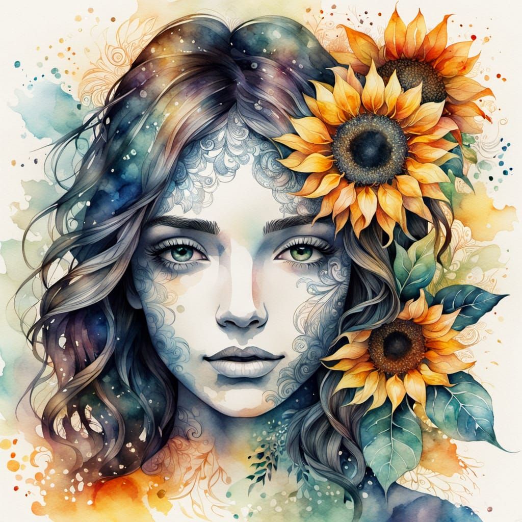 Watercolor Silhouette with Sunflower in Forest Light