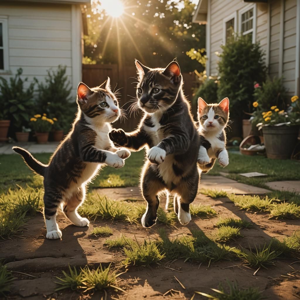 Kittens Play with Pitbull in Sunlit Yard