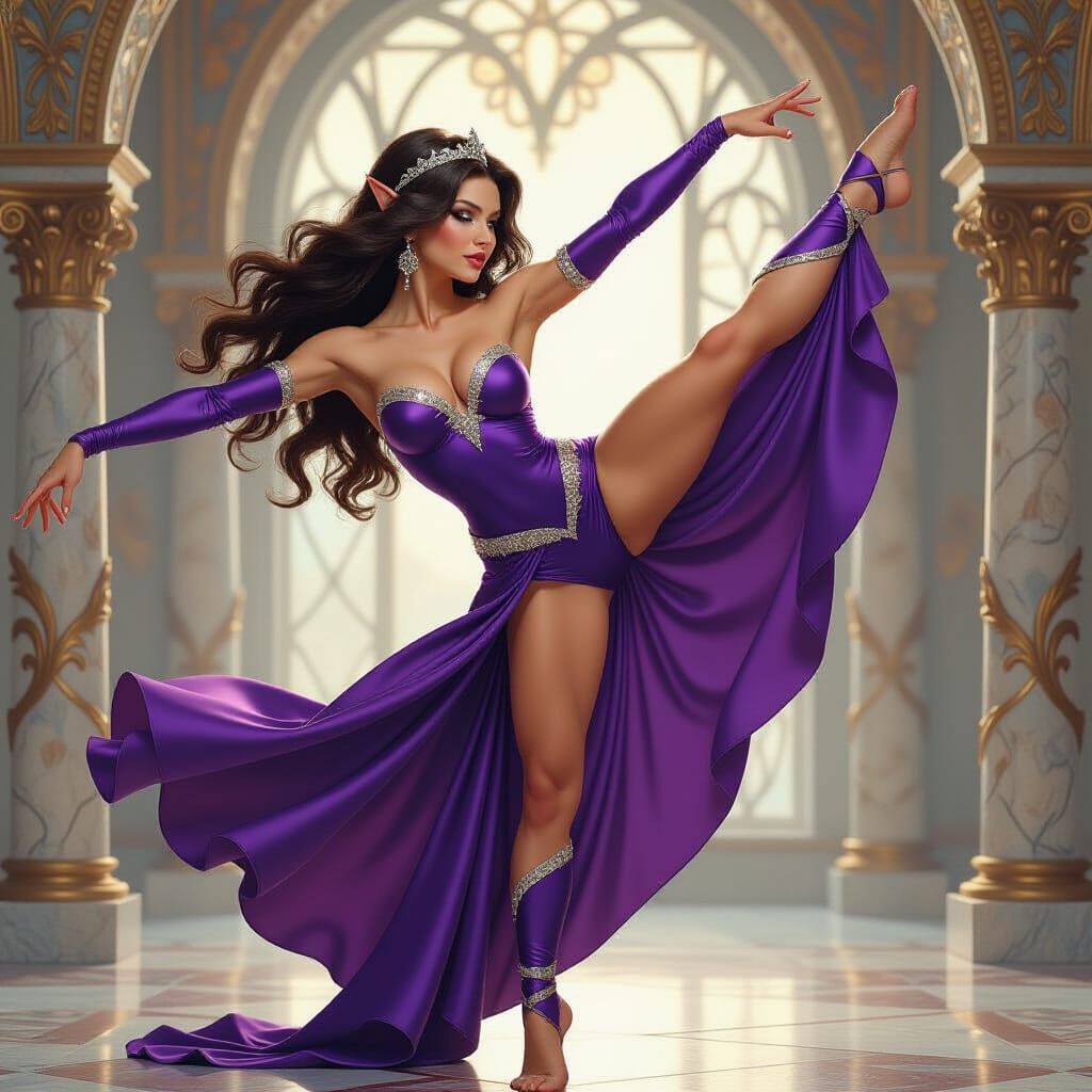 Elf Dancer in Royal Purple Leotard: Pre-Raphaelite Style