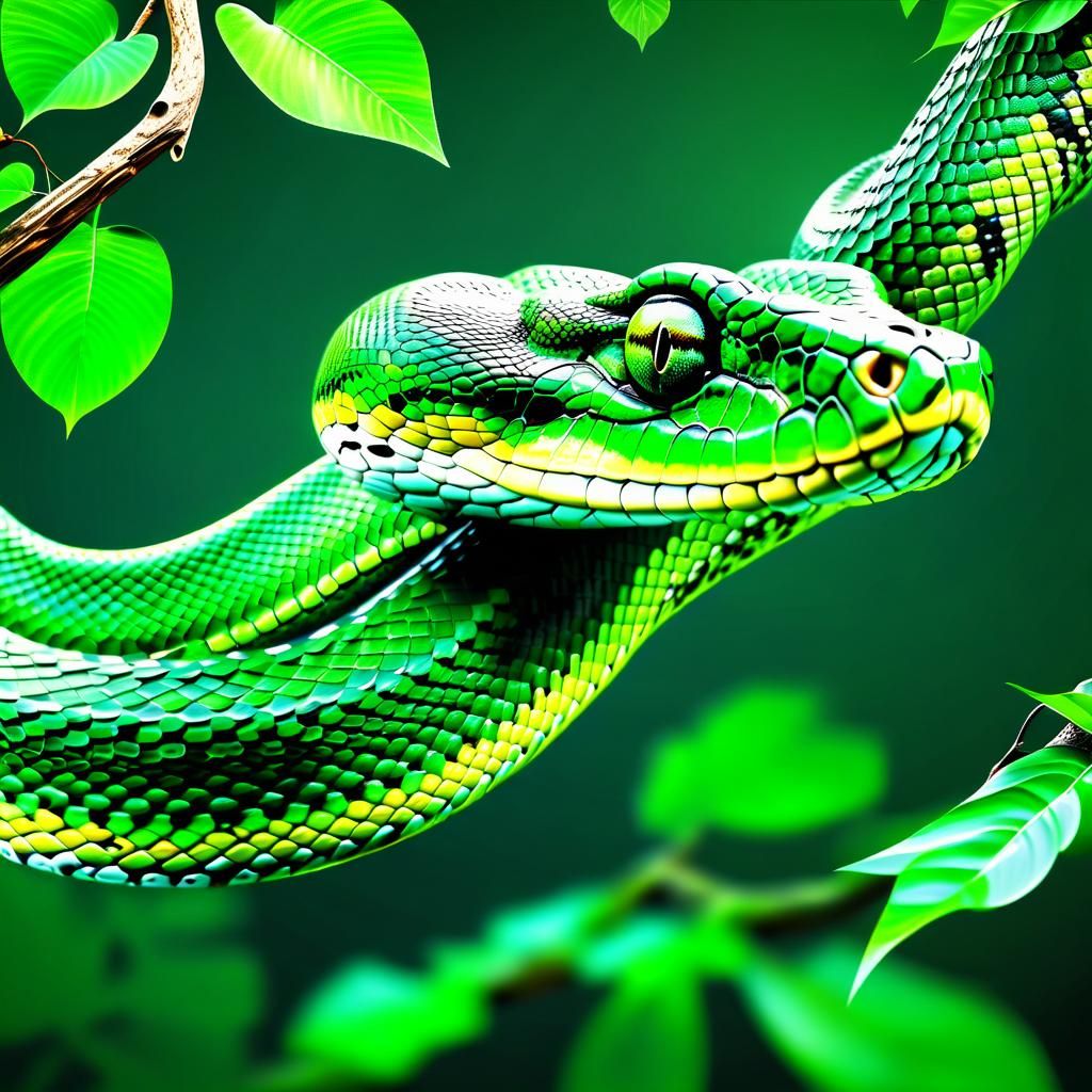 Realistic Green Python in Amazon Rainforest