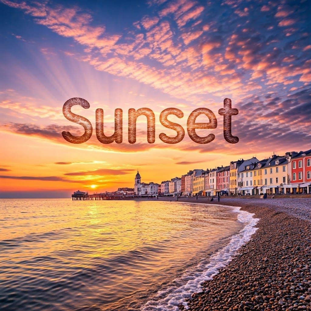 Vibrant Shore Town Sunset in Impressionistic Style