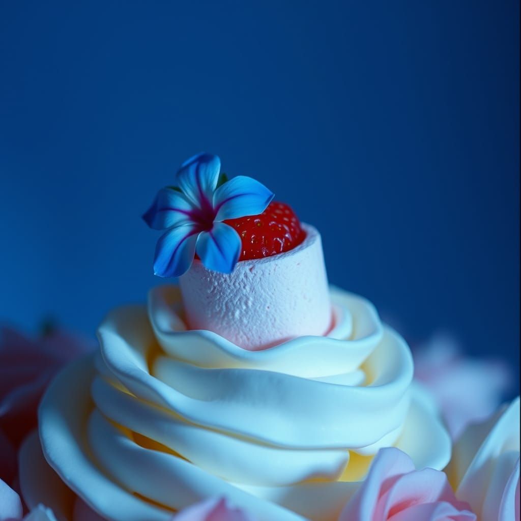 Strawberry Marshmallow Dessert with Blue Flowers as Film Sti...