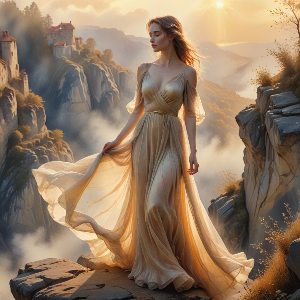 Woman on Precipice in Ethereal Watercolor Glow