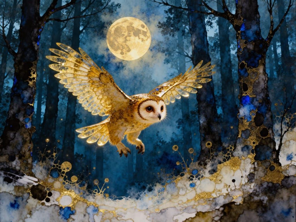 Barn Owl in Snowy Forest Under Moonlit Night