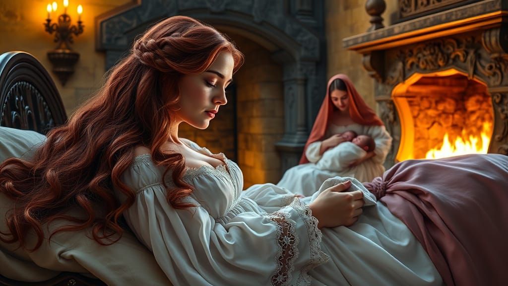 Medieval Princess with Newborn Twins in Lavish Chamber