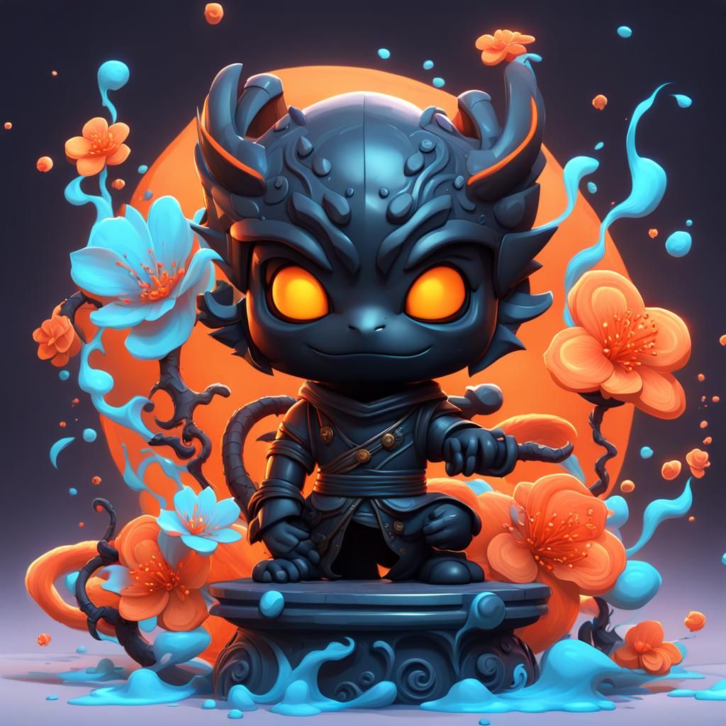 Ninja Chibi with Dragons in Gothic Noir Style