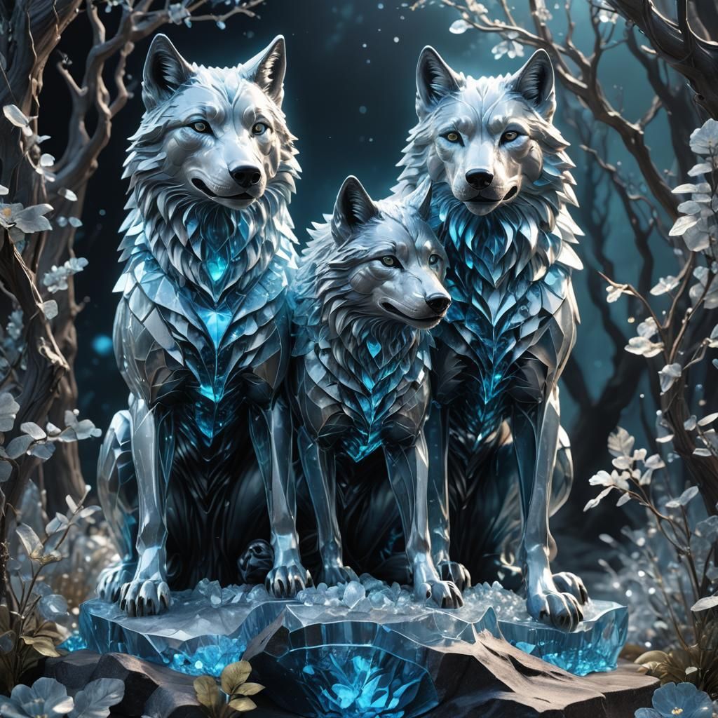 Bioluminescent Crystal Wolves: Hyper-Realistic Digital Art