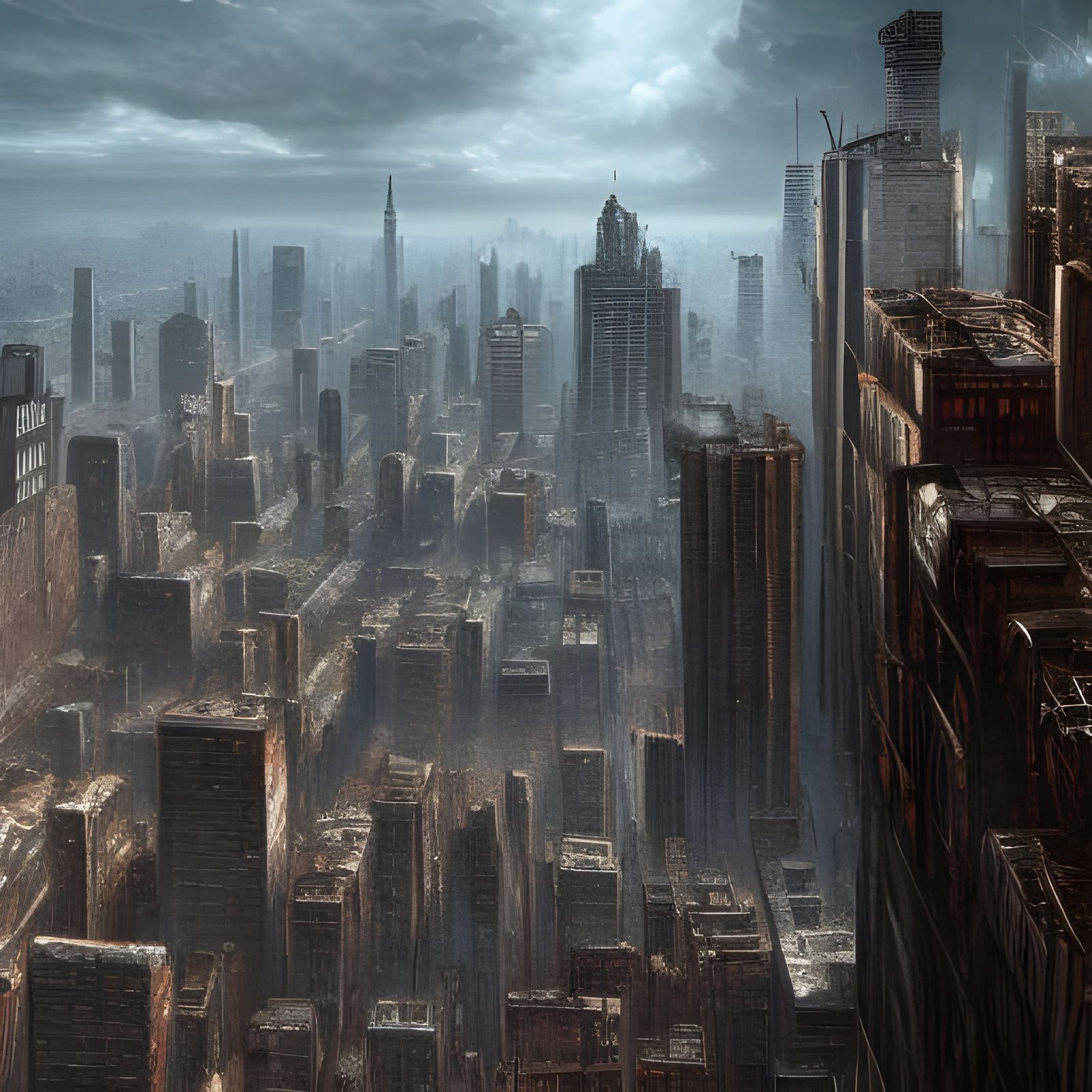 A hyper-detailed painting of a post-apocalyptic city featuring crumbling skyscrapers