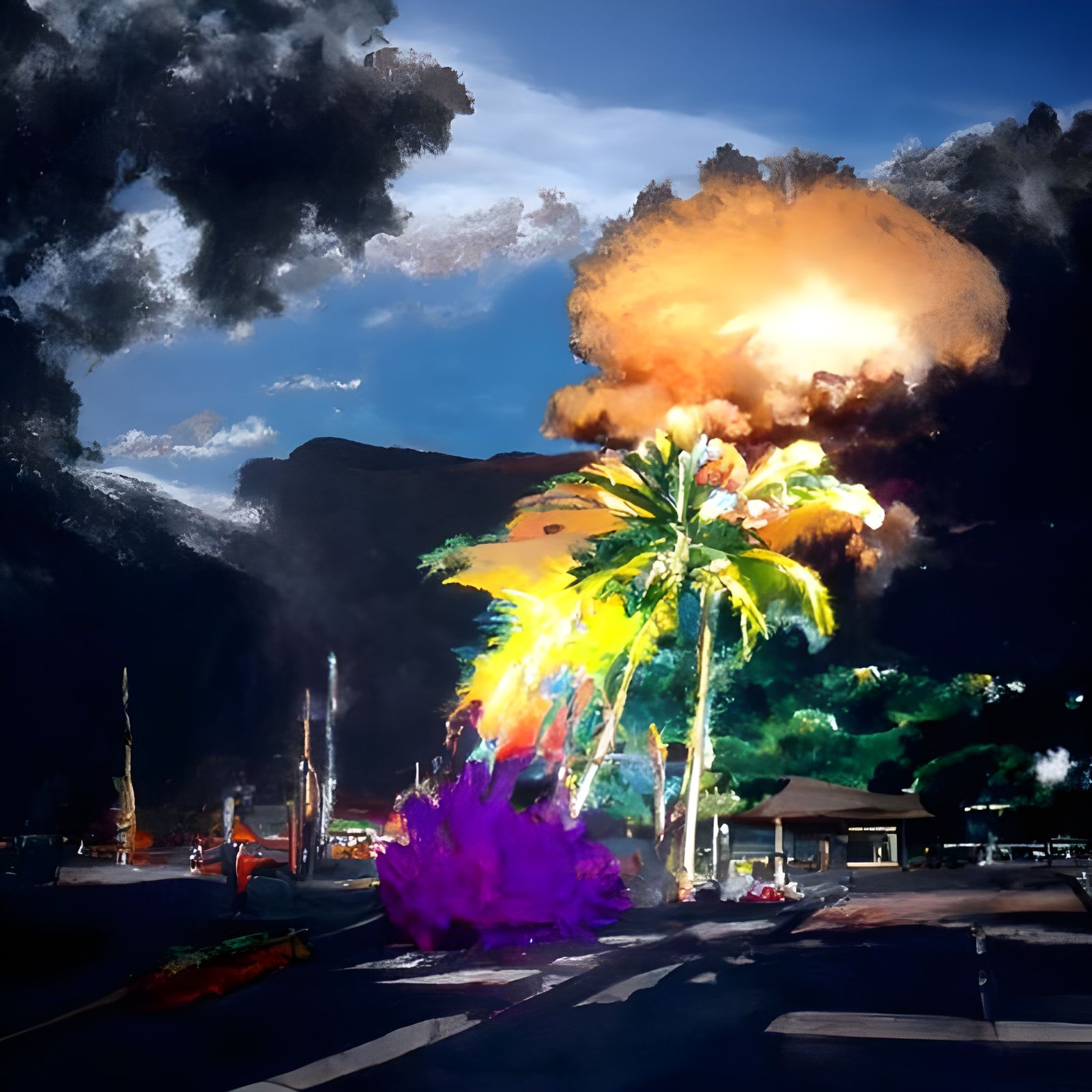 Explosive Cyberpunk Scene with Neon Retro Elements