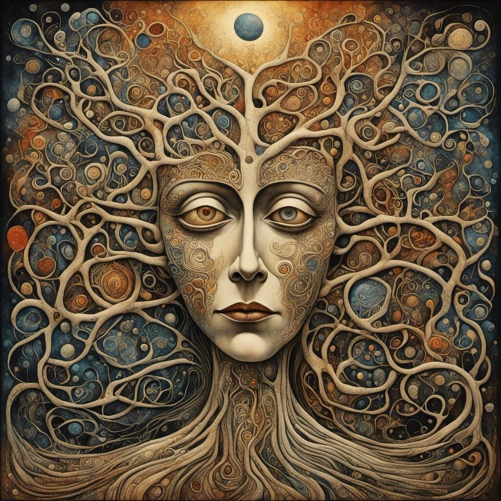 Surreal Abstract Face in Tree of Life as Impasto Painting