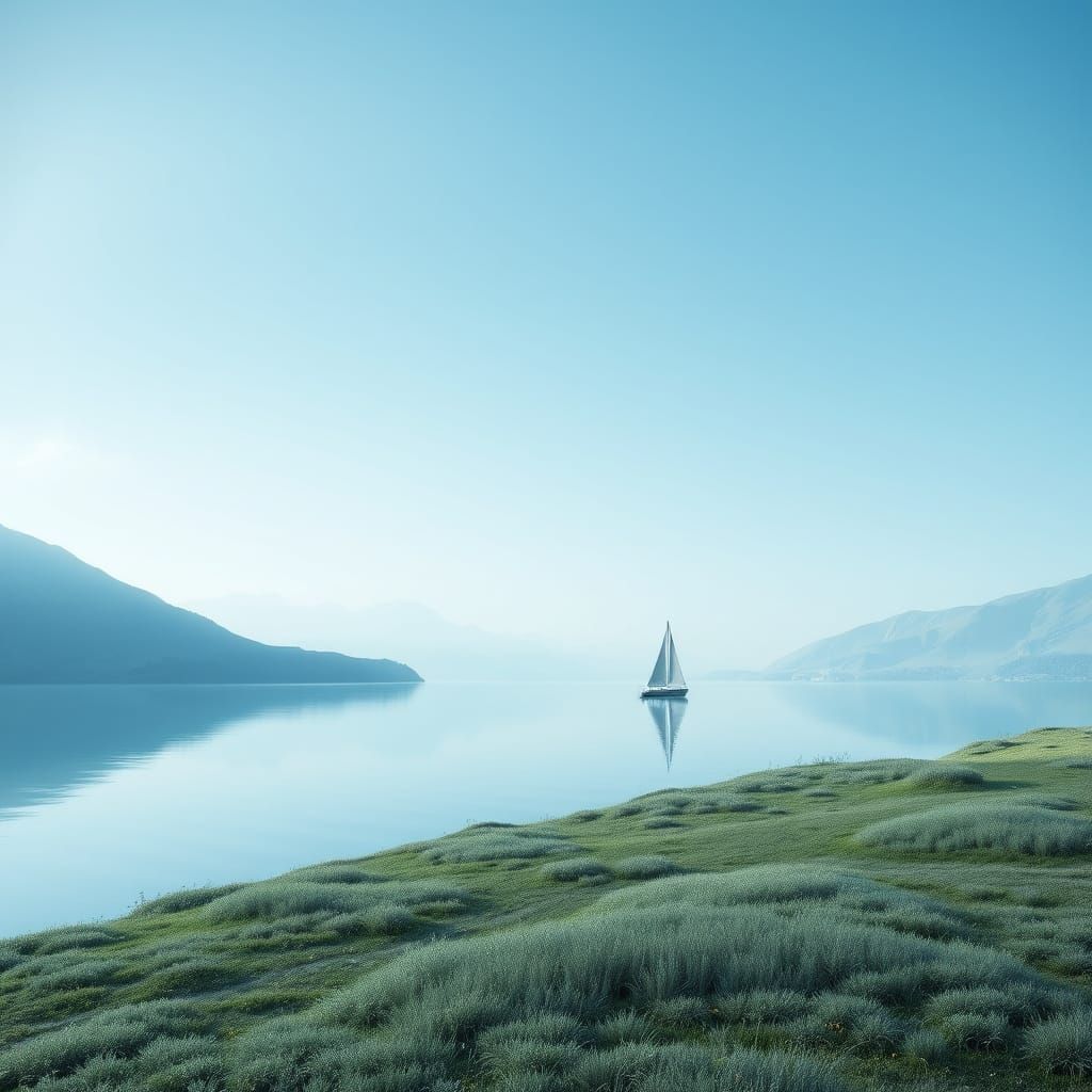 Serene Blue Valley with Reflecting Lake and Sailboat