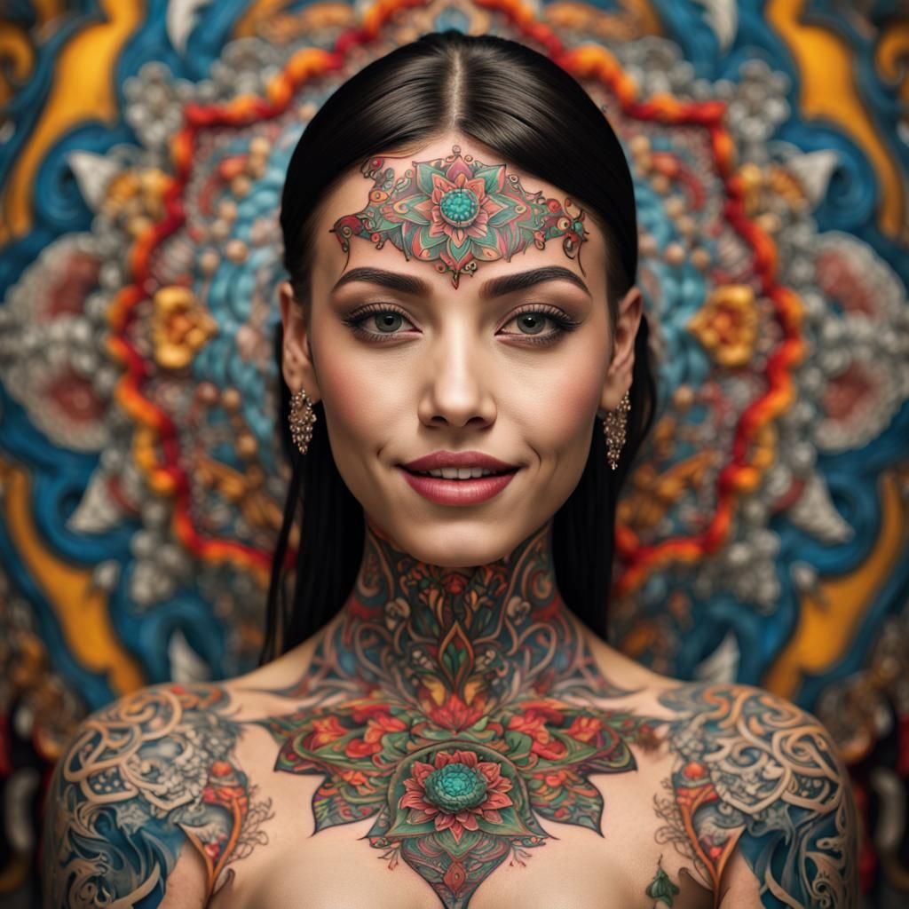 Radiant Girl with Vibrant, Intricate Back Tattoo