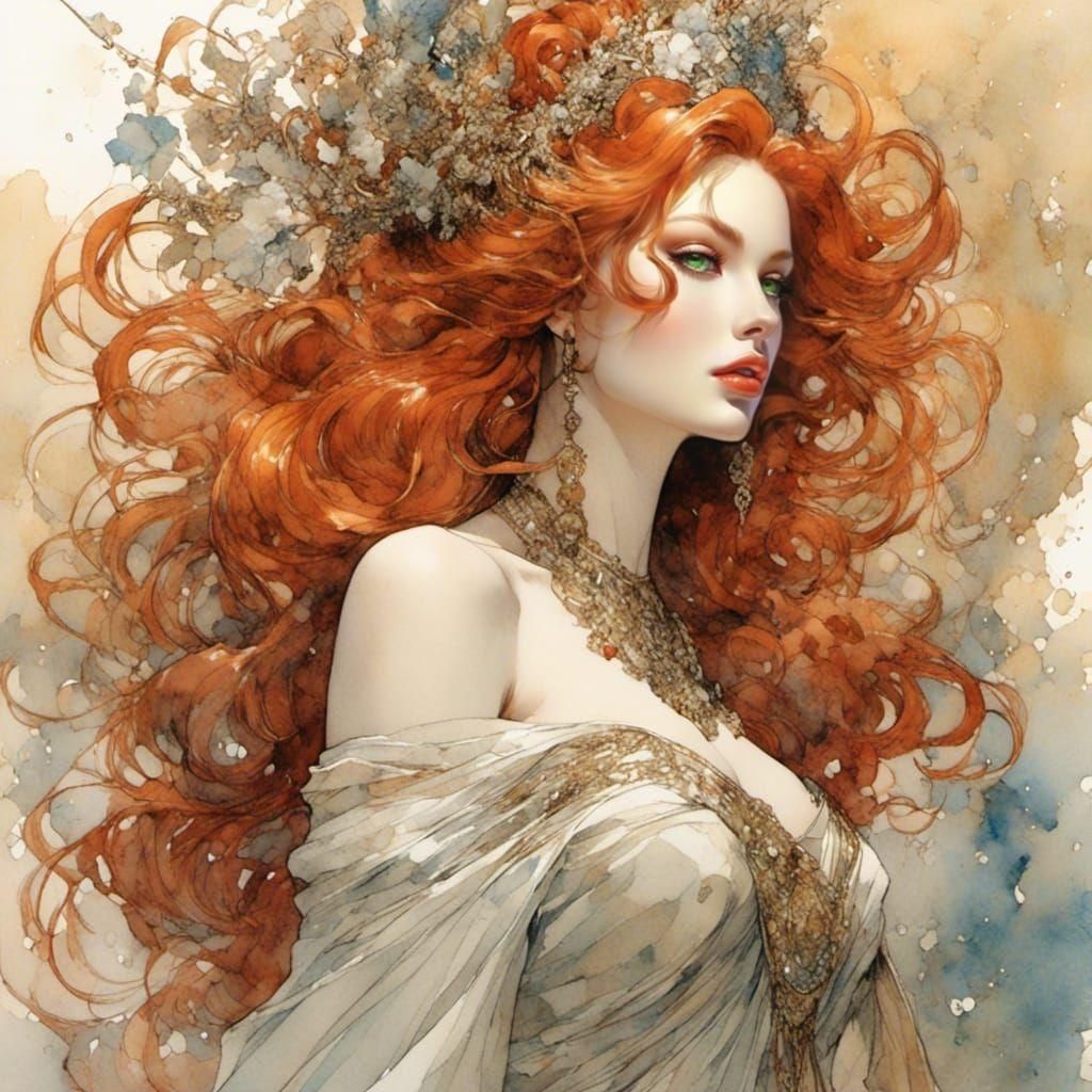 Woman with Red Hair in Ornate Architectural Setting