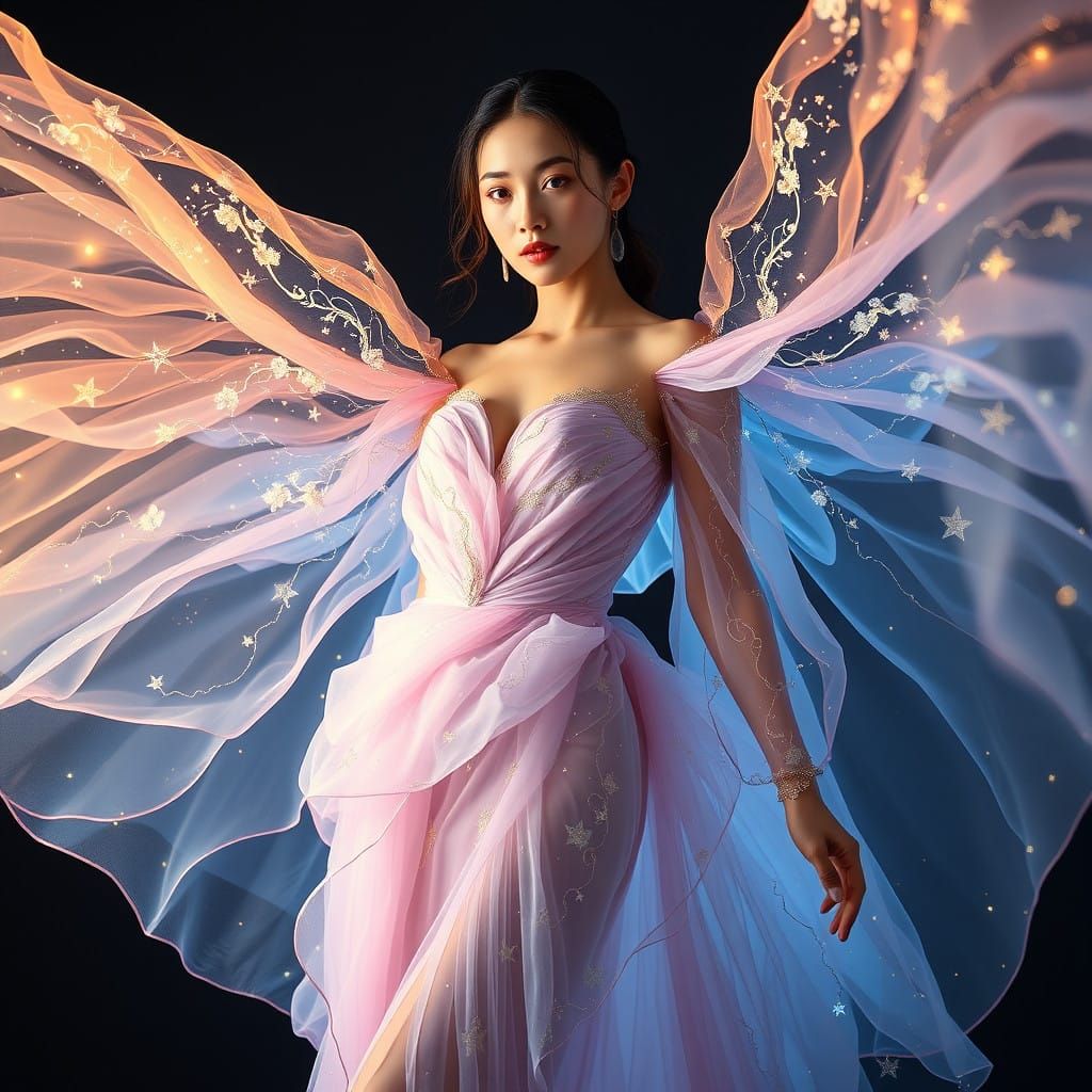Ethereal Goddess in Luminous Gown with Iridescent, Celestial...