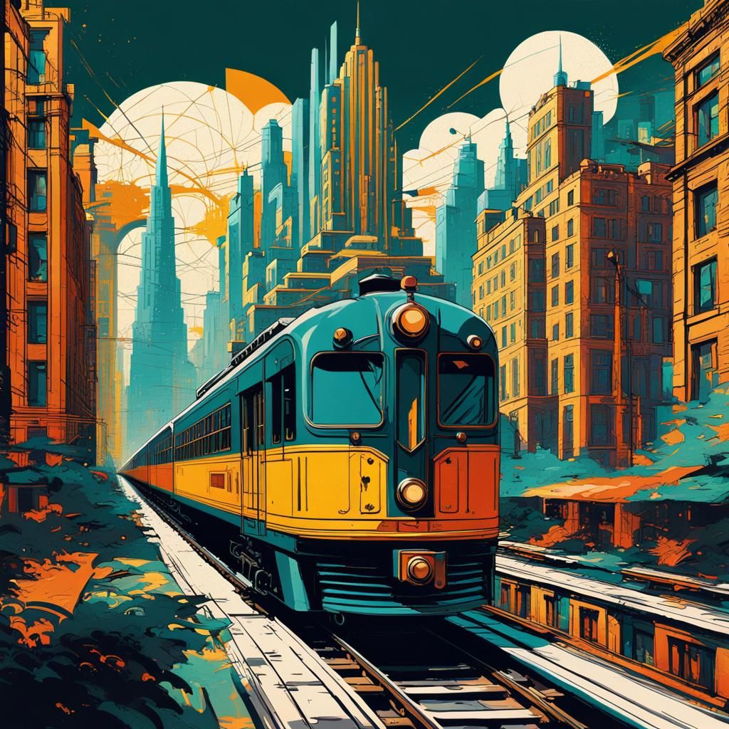 Art Deco Train Soaring Through City