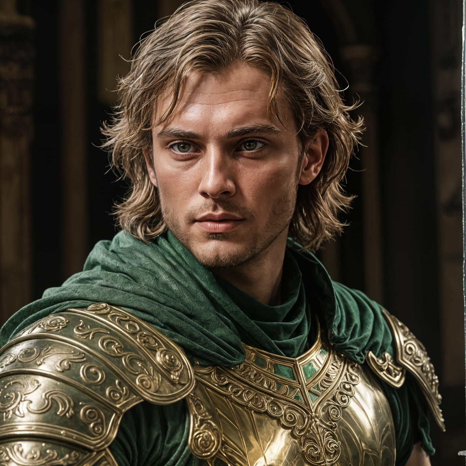 Young Siegfried in Gold Armor with Sword, Hyperrealism