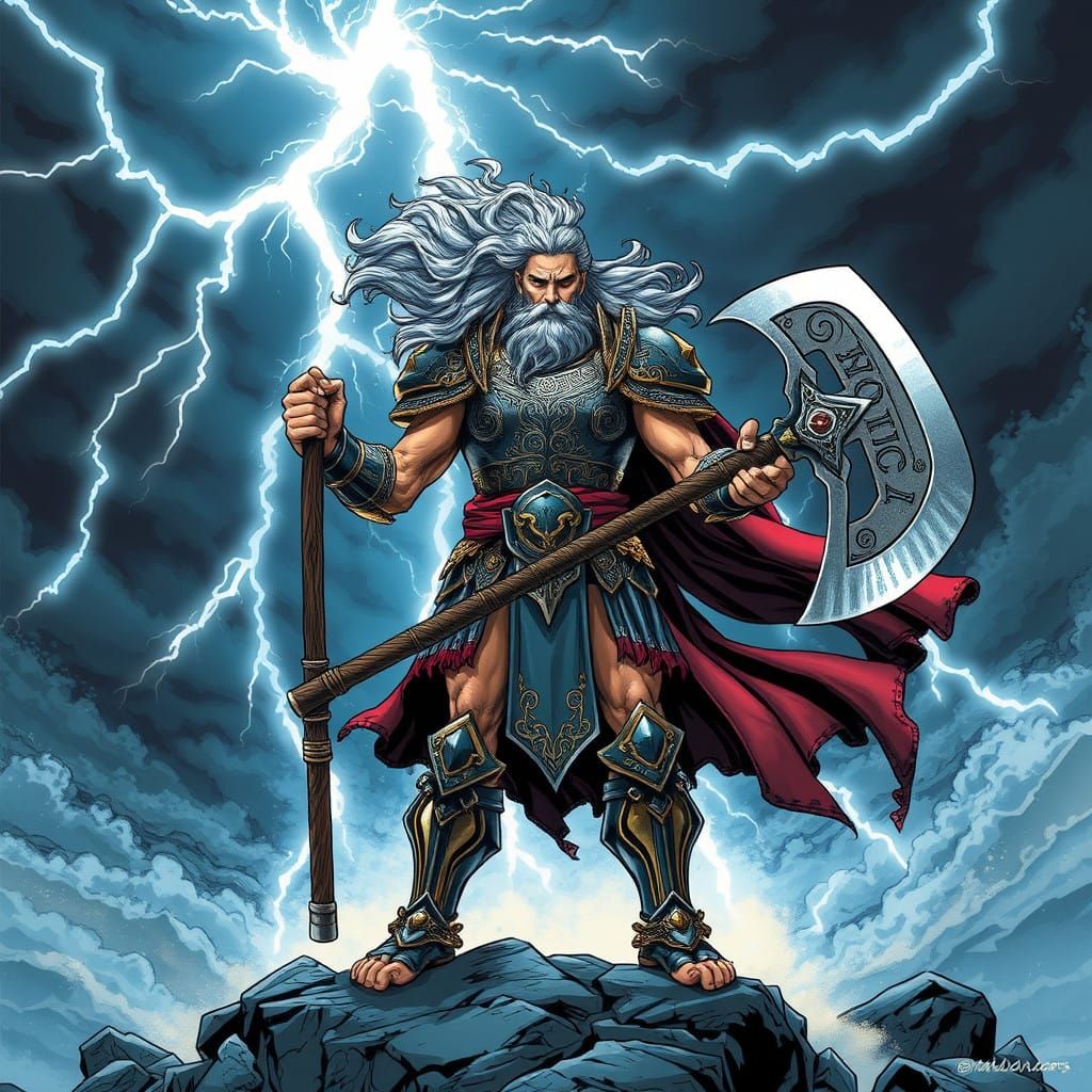 Slavic God Perun Wields Mighty Axe Amidst Thunderstorm