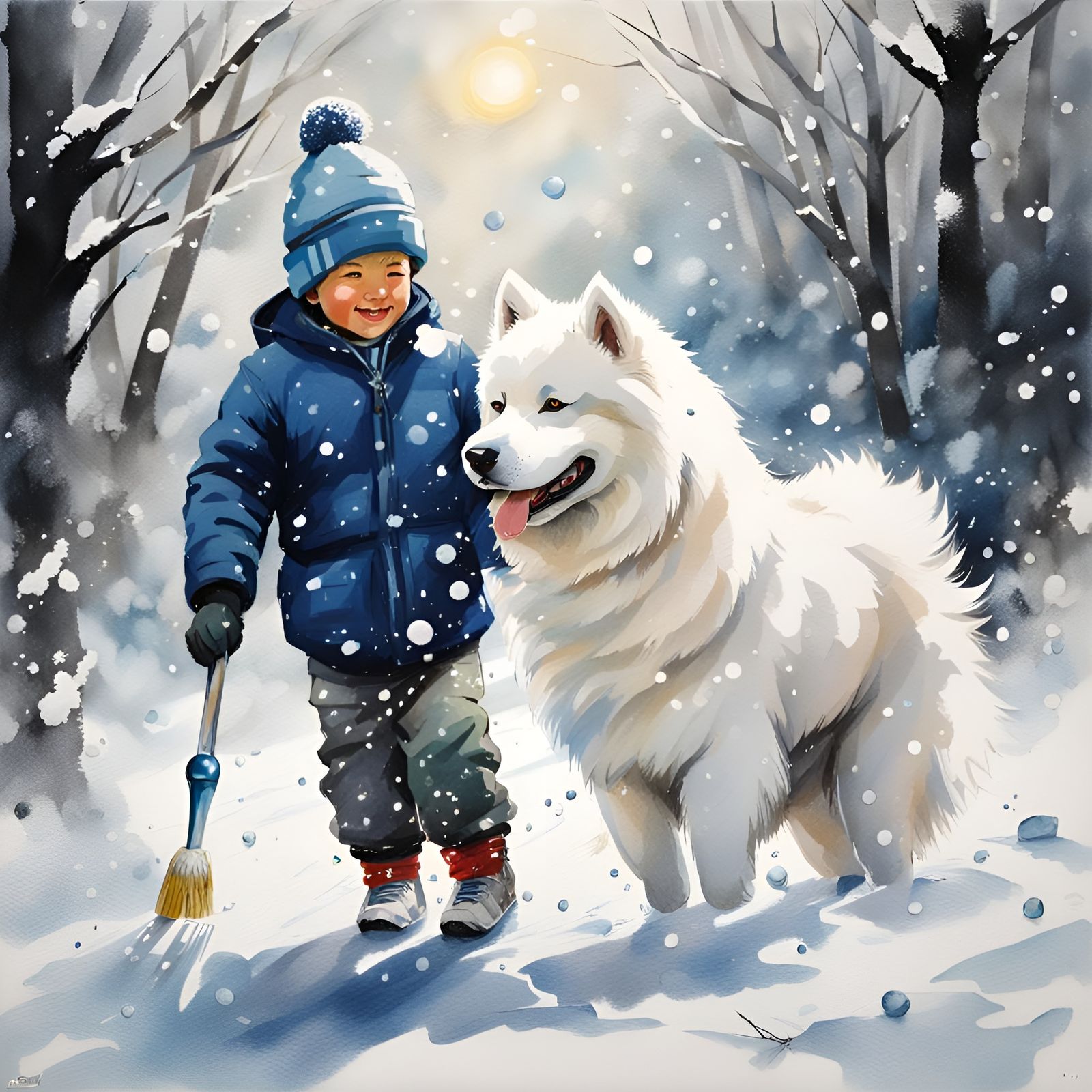 Boy and Samoyed Dog Play in Winter Snow