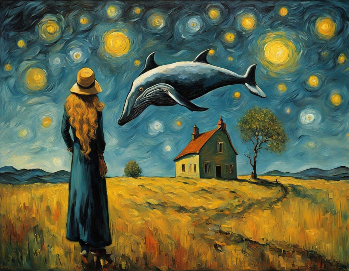 Whale Ascends to the Starry Night in Expressive Oil Painting