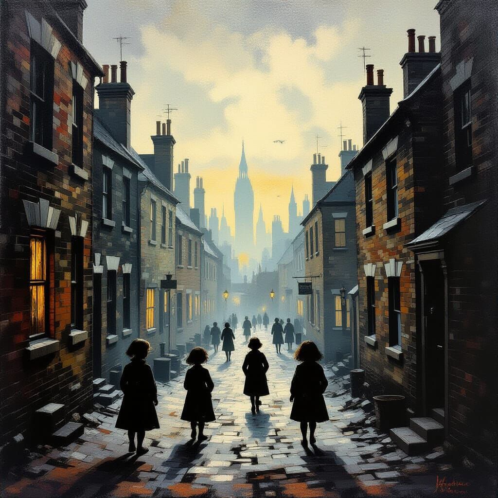 Victorian London Slums in Surrealist Oil Painting Style