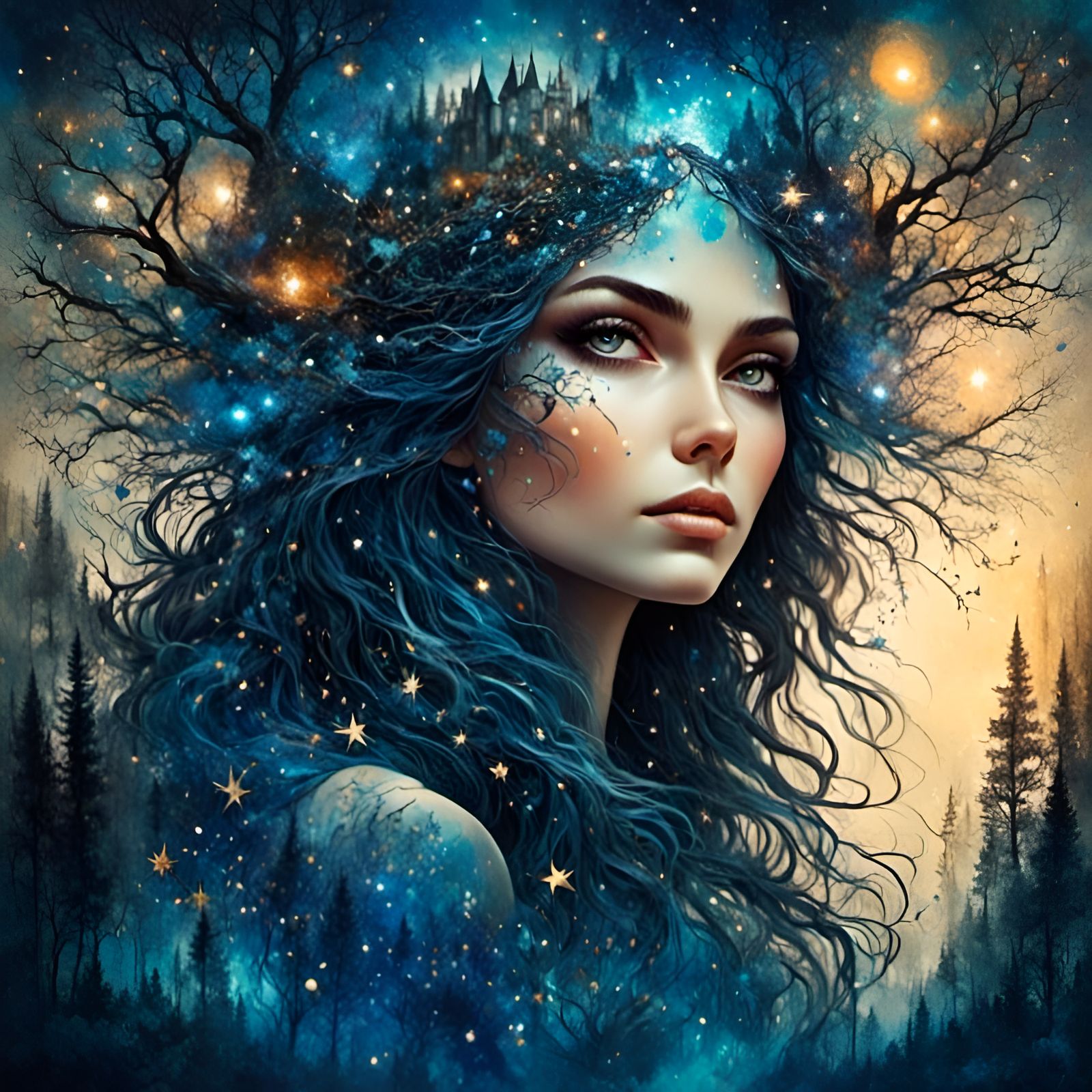 Female Witch with Crystal Eyes in Chalk Art Style