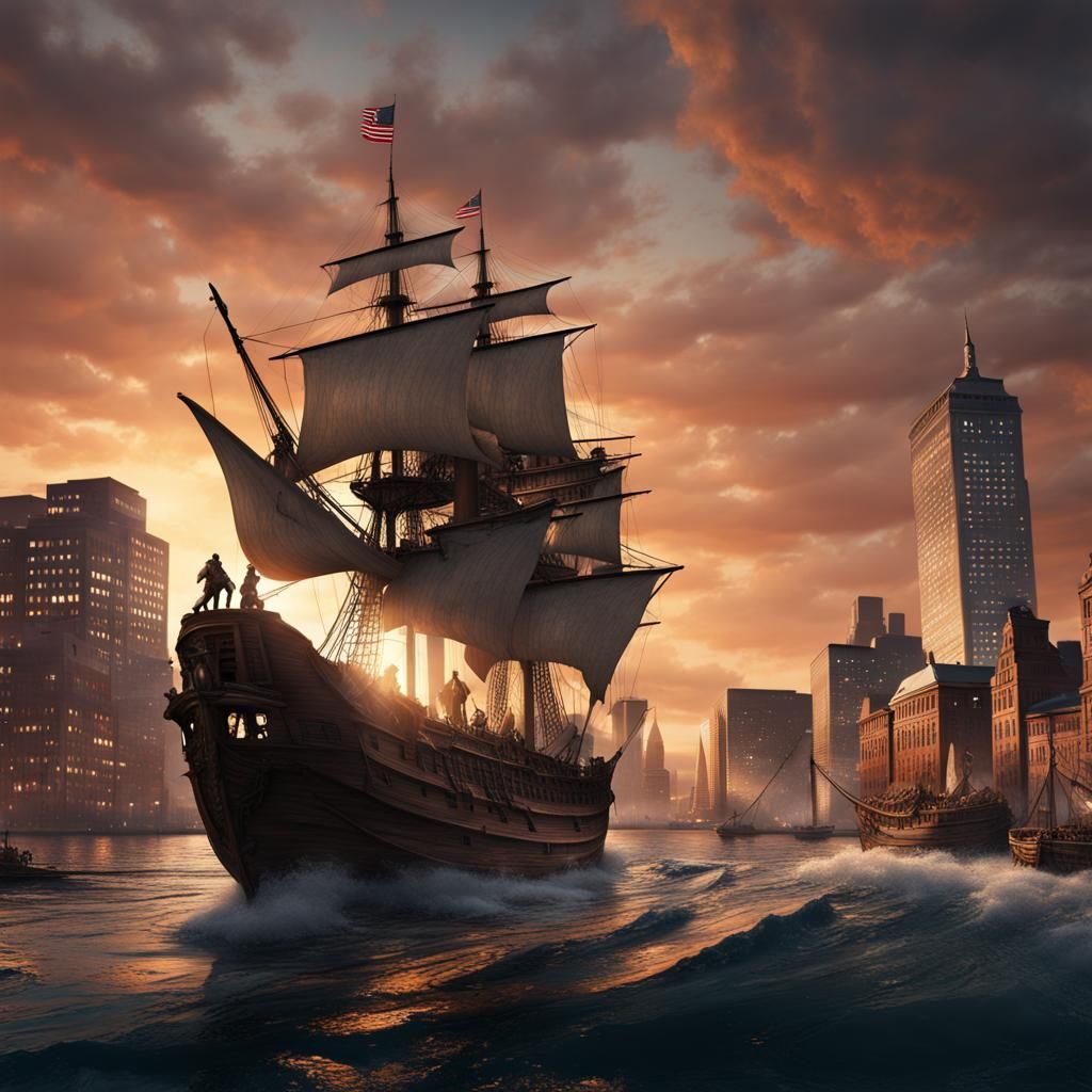 City skyline across the water at sunset Boston Tea Party, Patriots throwing tea off the old ship colony flag waves above...